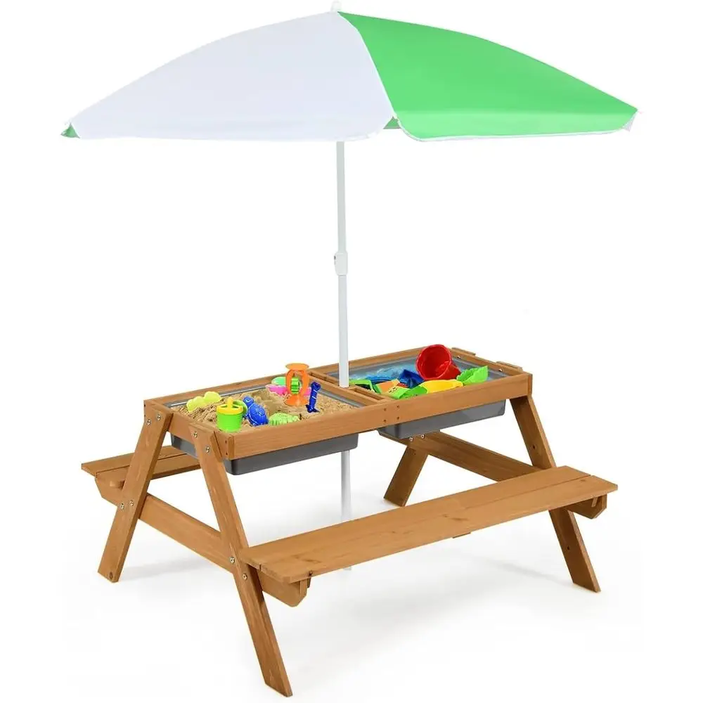 Kids Outdoor Table With Umbrella - 4-in-1 houten zand- en watertafel met