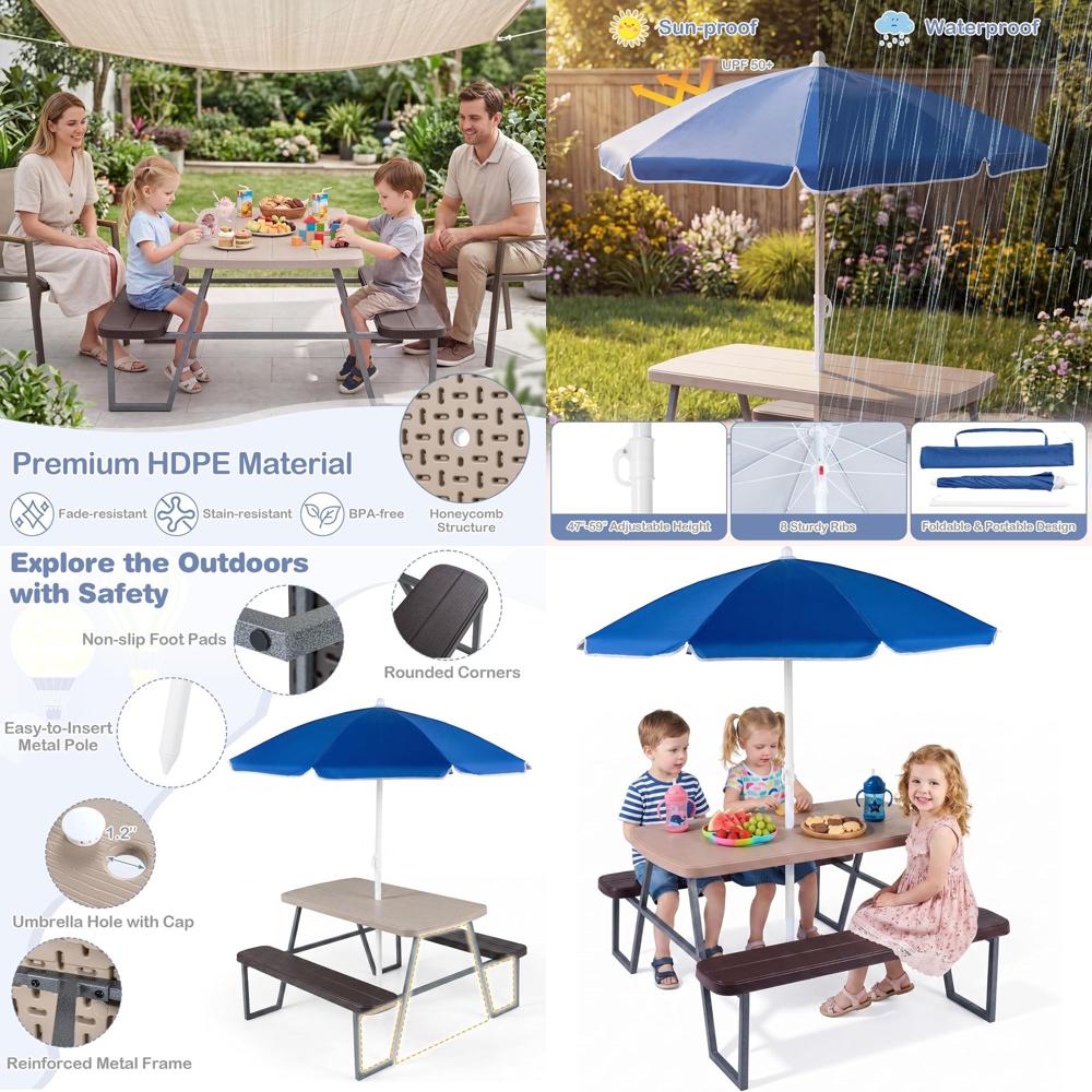 Kids Outdoor Table With Umbrella - Picknicktafel voor kinderen, buitentafel en bankset