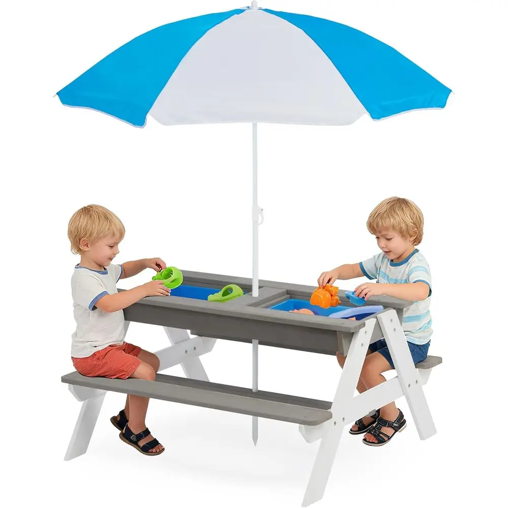 Kids Outdoor Table With Umbrella - Ombouwbare 3-in-1 houten picknicktafel voor kinderen,