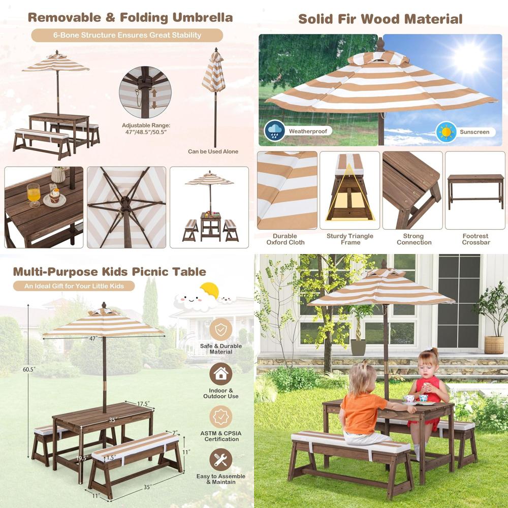 Kids Outdoor Table With Umbrella - Picknicktafel voor kinderen, houten tafel- en