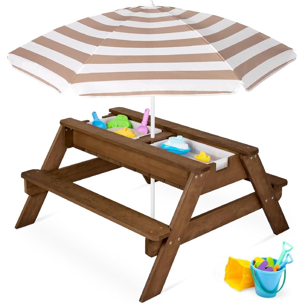 Kids Outdoor Table With Umbrella - Kinderpicknicktafel met parasol, 3-in-1 zand- &