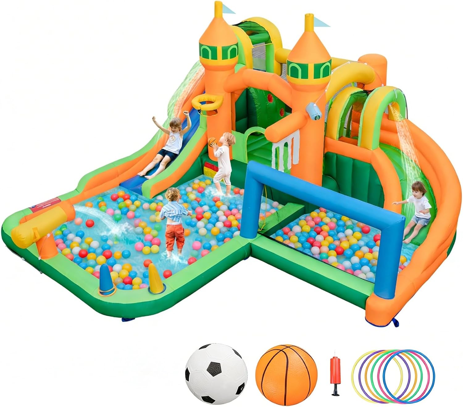 Kids Outdoor Jumping Castle - 9-in-1 opblaasbaar waterpark springkasteel met dubbele