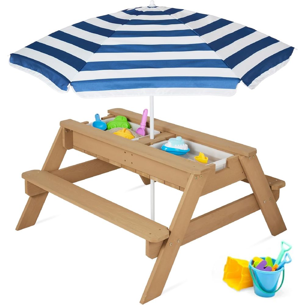 Kids Outdoor Table With Umbrella - Kinderpicknicktafel met parasol, 3-in-1 zand- &