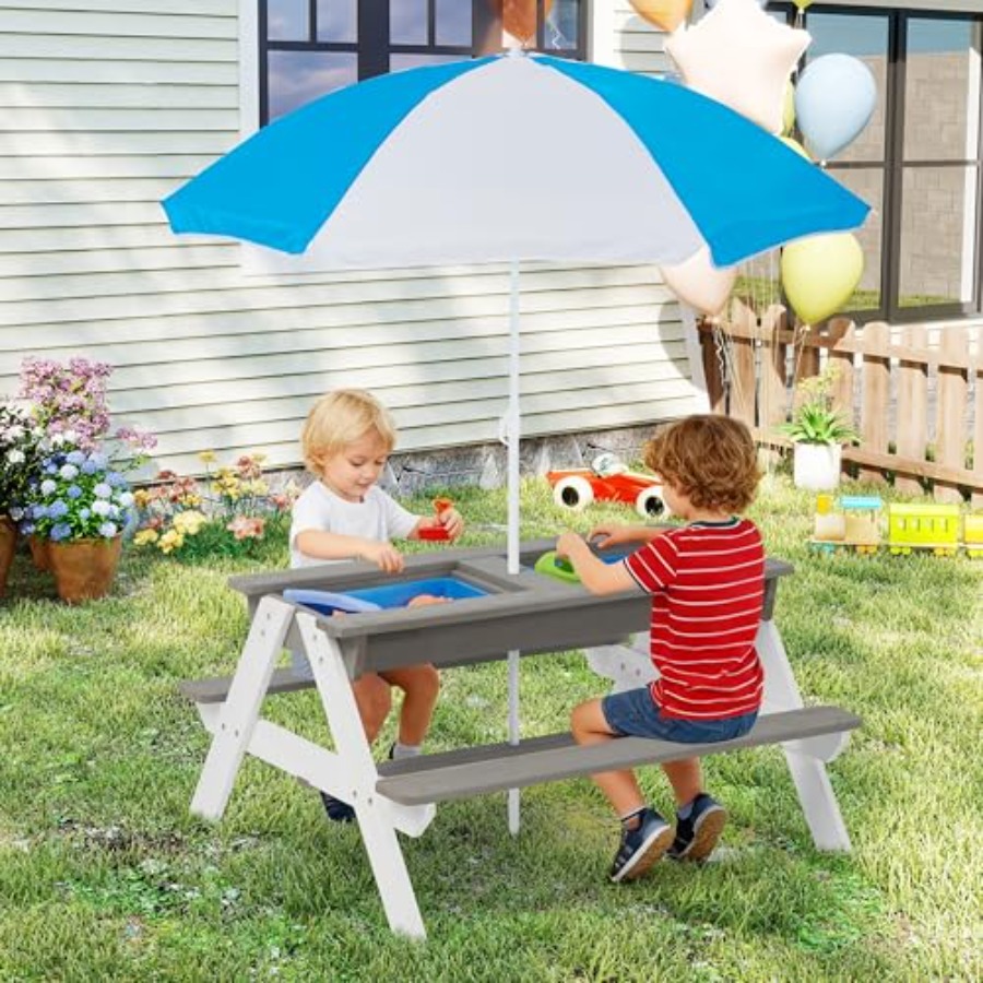 Kids Outdoor Table With Umbrella - Buiten patio picknicktafel voor kinderen: 3-in-1