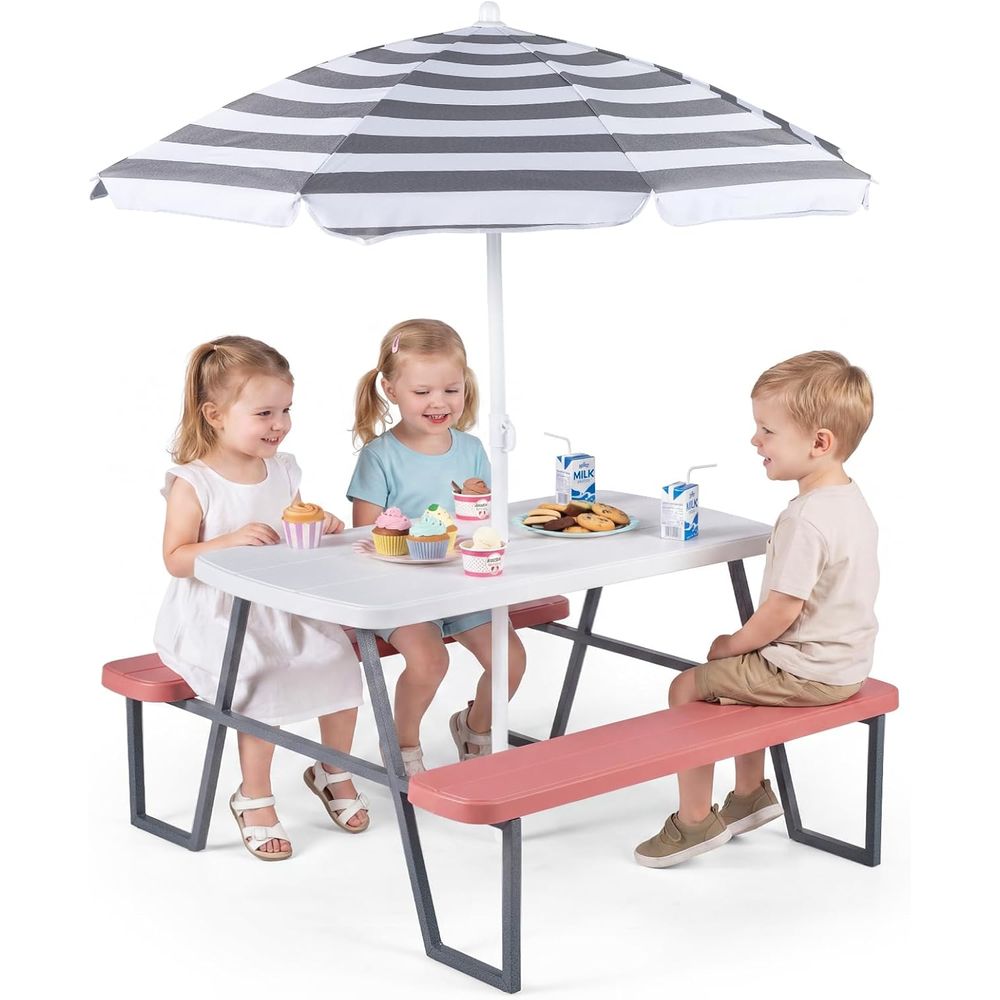 Kids Outdoor Table With Umbrella - Picknicktafel voor kinderen, buitentafel en bankset