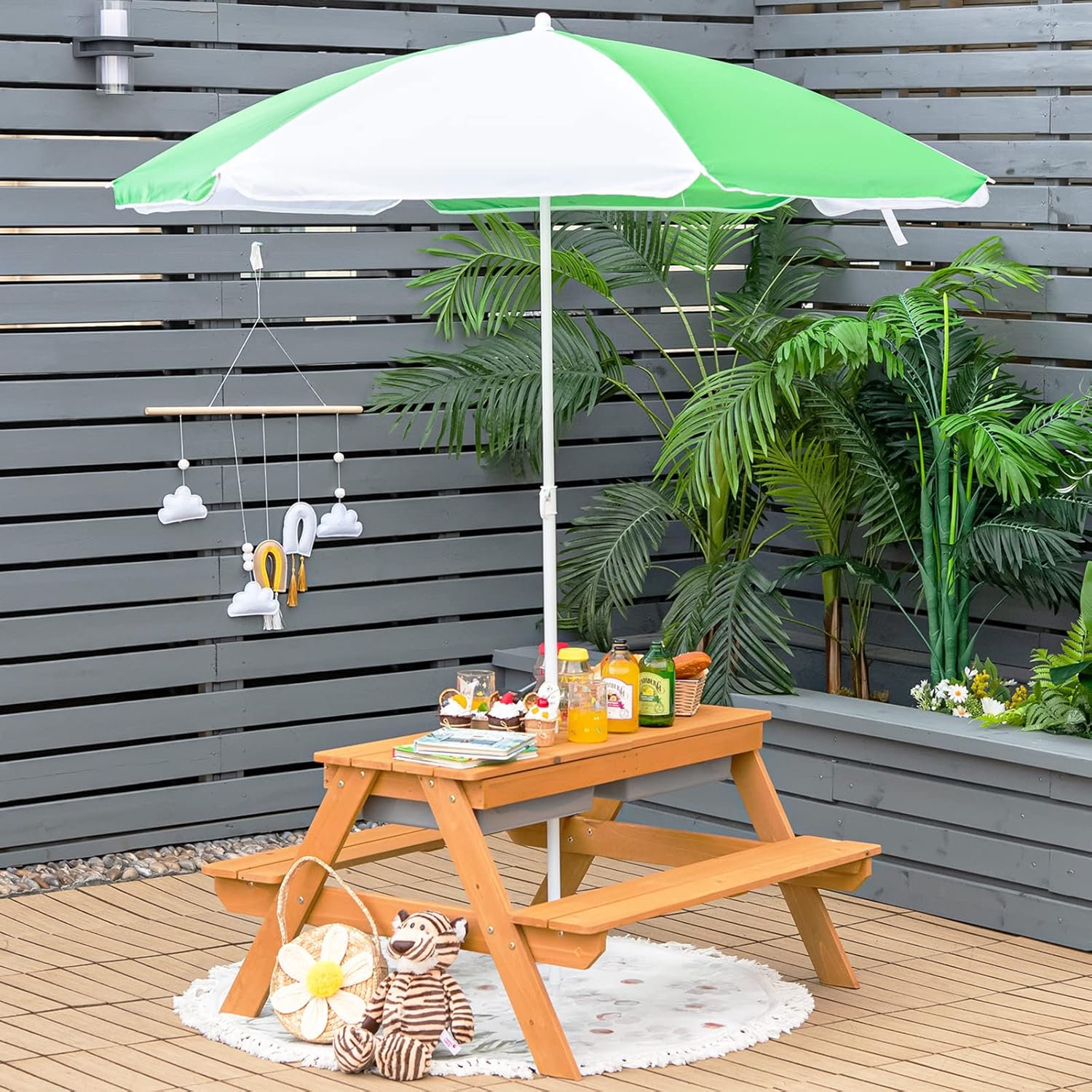 4-in-1 Cederhouten Kinderpickn - Kids Outdoor Table With Umbrella recensie en prijs