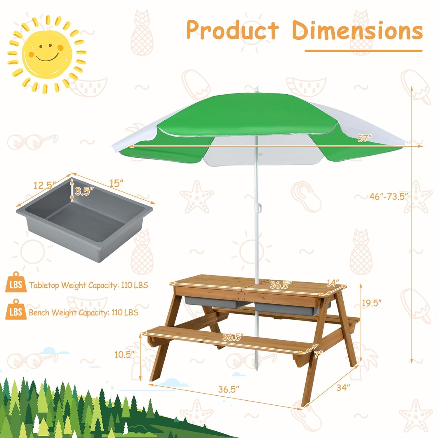 4-in-1 Cederhouten Kinderpickn - Kids Outdoor Table With Umbrella recensie en prijs