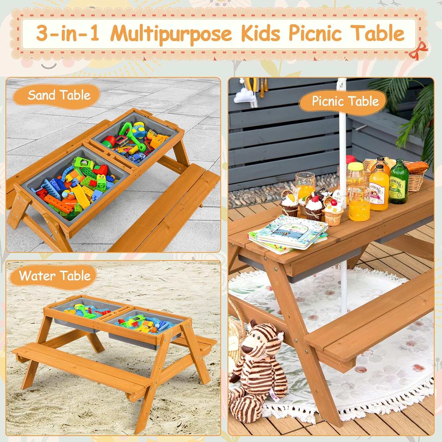 4-in-1 Cederhouten Kinderpickn - Kids Outdoor Table With Umbrella recensie en prijs